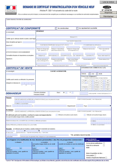 demande de certificat d'immatriculation